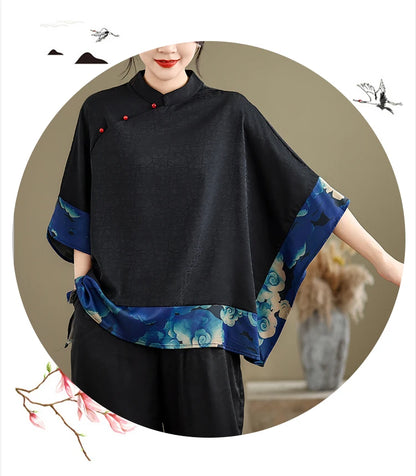 Mulberry Silk Chinese Style T-shirt for Women Spring Summer Fashion Vintage Patchwork Half Sleeve Cloud Embroidery Female Blouse