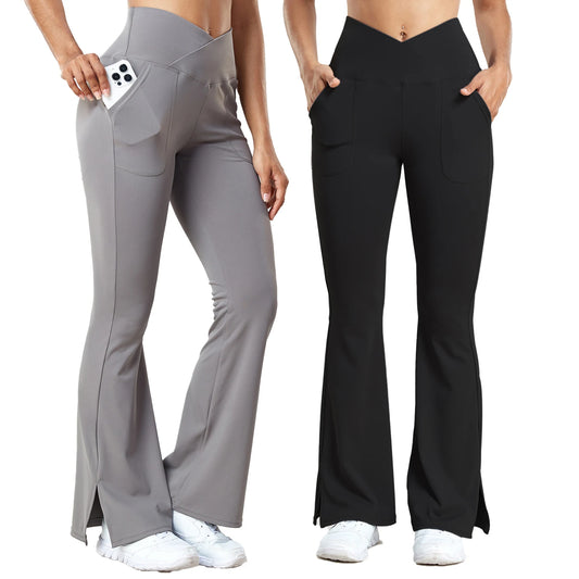 V-shaped Split Flared Pants Women Pockets Leggings Solid Color High Waist Casual Simple Style Pants Daily Office Elastic Legging