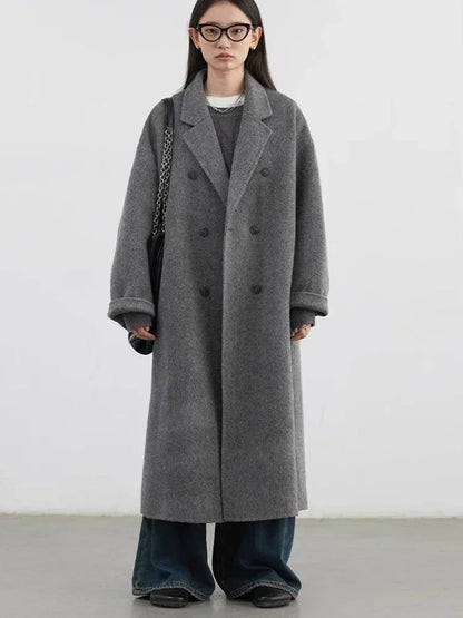 CHIC VEN Women Woolen Coat Double-breasted Basic Loose Casual Retro New Long Double-sided Female Overcoat Autumn Winter 2024