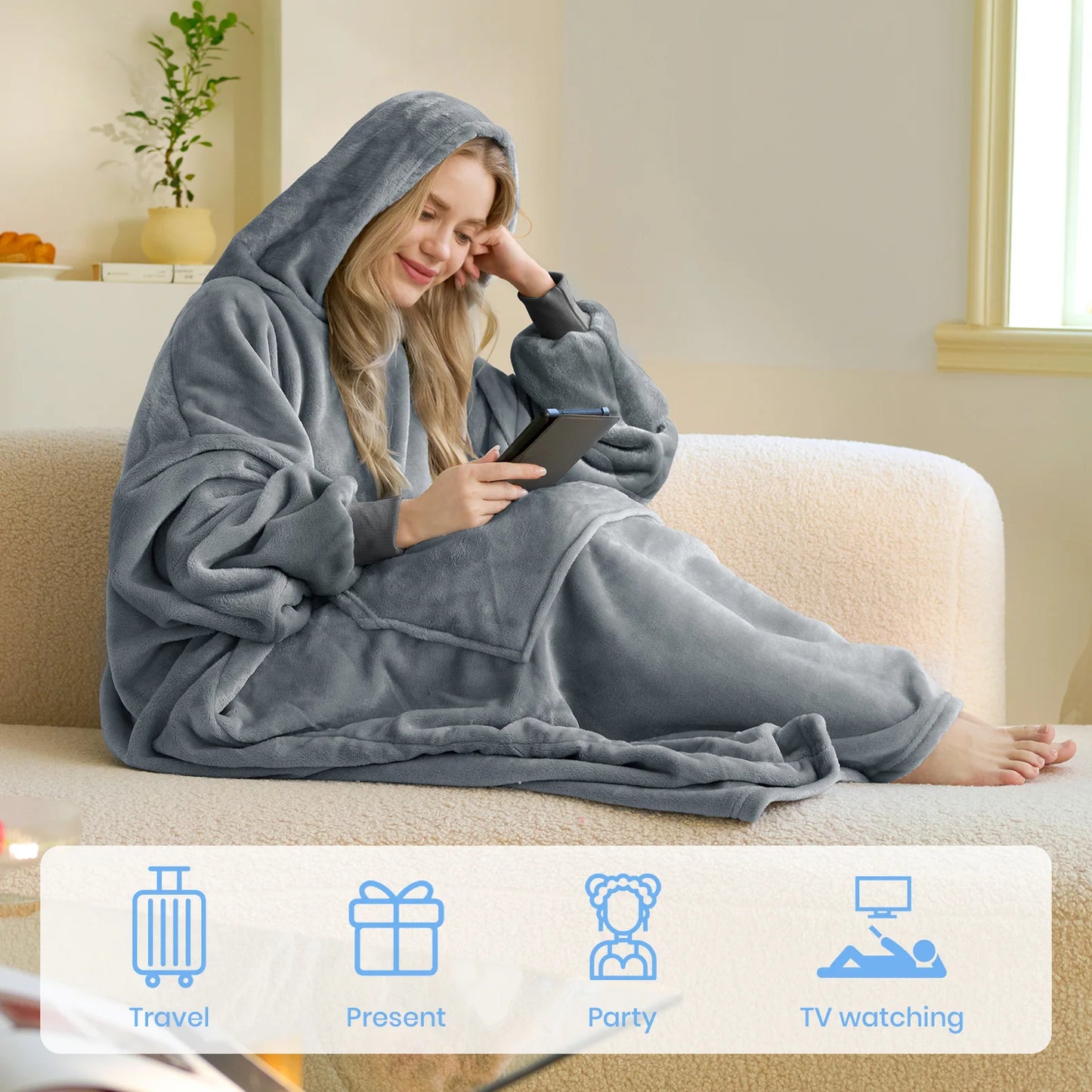 Good Nite Women Sherpa Fluffle Sweatshirt Blanket Lengthen Warm Cozy Oversized Wearable Pocket Blanket Hoodie for Adults