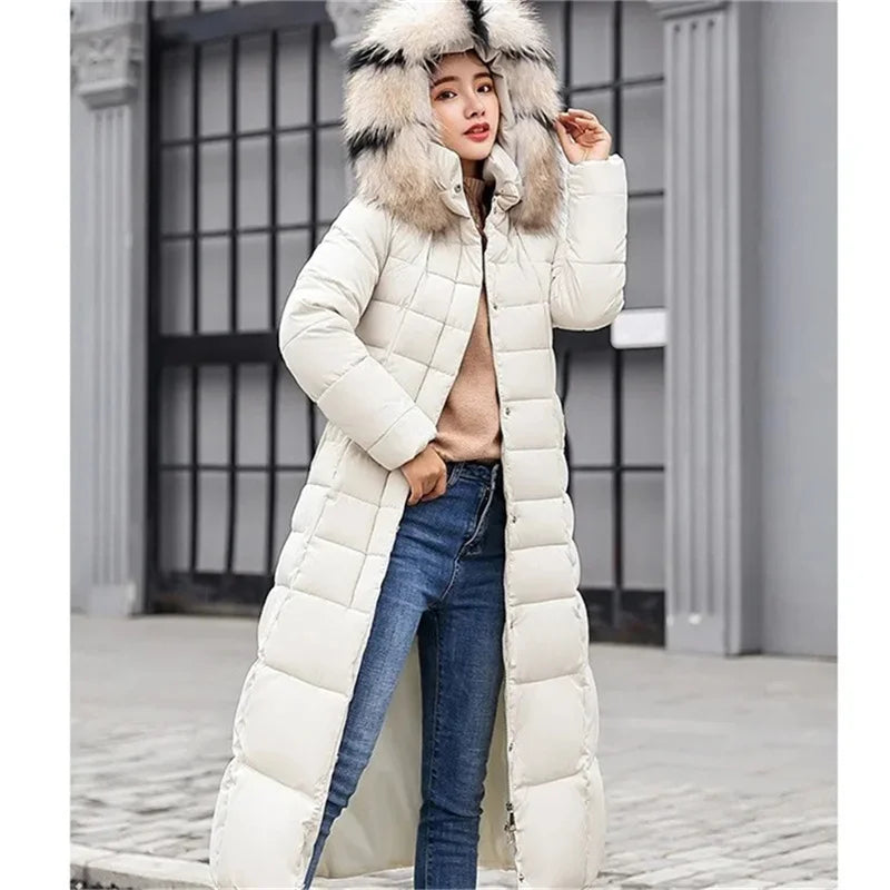 Women Parkas Fur Collar Hooded Cotton Padded Long Coat  Jackets