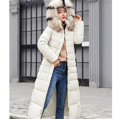 Women Parkas Fur Collar Hooded Cotton Padded Long Coat  Jackets