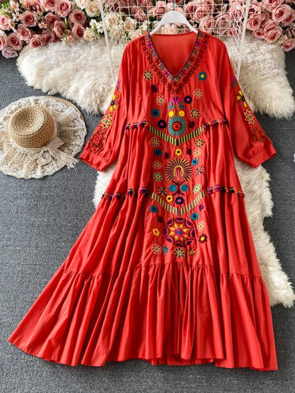 Vintage Chic Women  Floral Embroidery Beach Bohemian Mini Dress Ladies Short Sleeve V-neck Cotton and Linen Boho Dresses Vestido