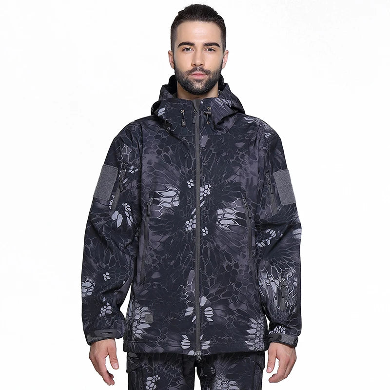 Men's Soft Shell Camouflage Tactical Jacket Men Waterproof Fleece Lined Coat Hooded Outdoor Hiking Hunting Clothes
