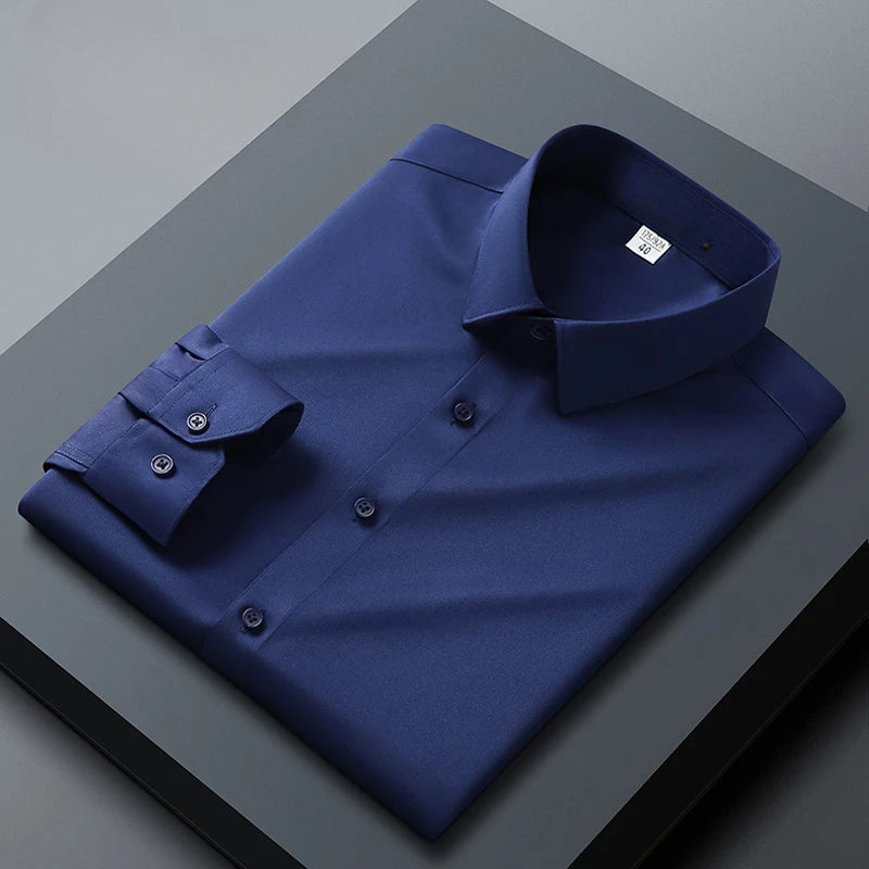 Long sleeved shirt for men's business casual orange non ironing wrinkle resistant elastic solid color men's shirt new style