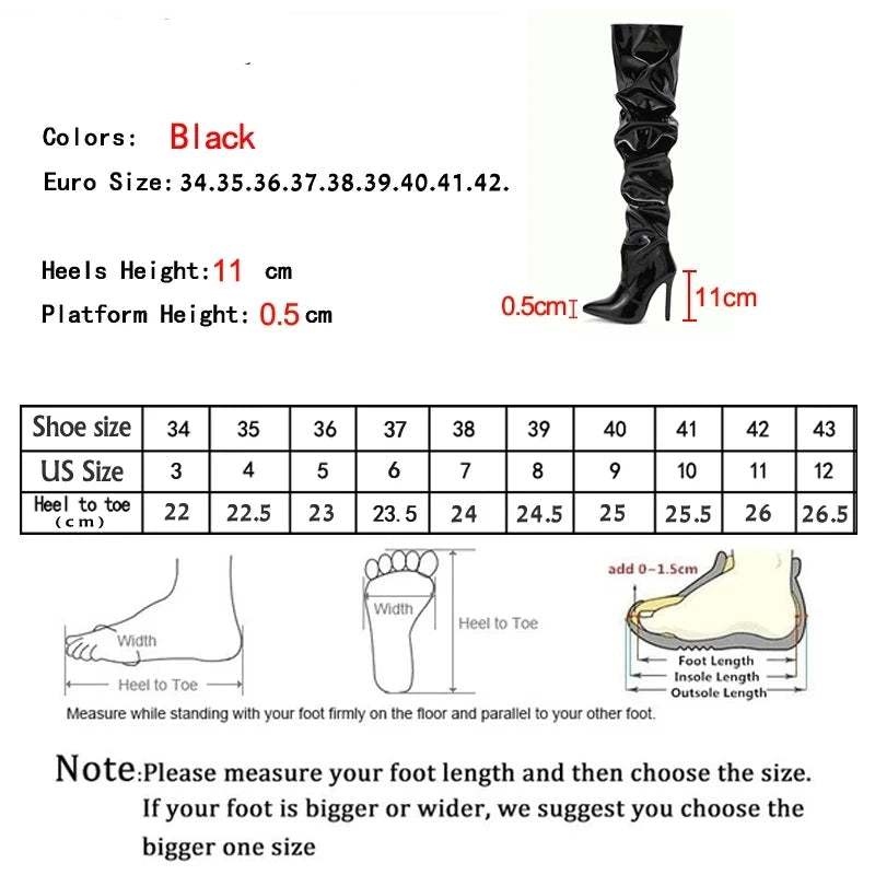 Red Women Over The Knee Boots High Heels Patent Leather Solid Pointed Toe Stiletto Side Zipper Sapatos Femininos