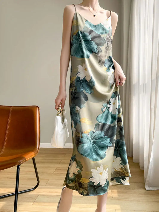 2024 Spring and Summer New Women's Dress Colorful Flower Suspender Skirt Satin Silky Dress Cool and Comfortable