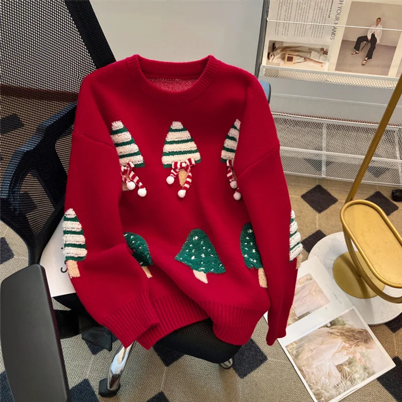 Women's Winter Round Neck Long Sleeve Casual Sweater Y2K High Street Hip Hop Christmas Tree 90S Retro Sweater Clothing 2025 New