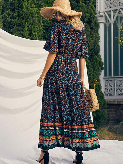 Boho Retro Printed Long Beach Dress Summer Women Flare Short Sleeve V Neck Summer A-Line Dress 2022 Party Elegant Dress