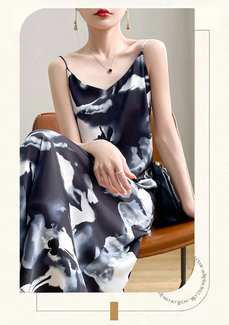 2024 Spring and Summer New Women's Dress Colorful Flower Suspender Skirt Satin Silky Dress Cool and Comfortable