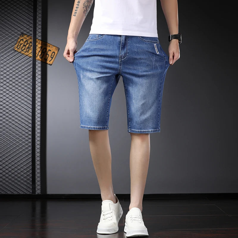 Summer Thin Slim Fit Stretch Short Jeans Classic Style Business Casual Light Blue Soft Straight-leg Denim Shorts Male