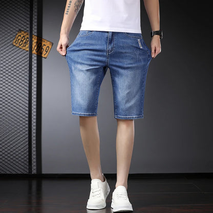 Summer Thin Slim Fit Stretch Short Jeans Classic Style Business Casual Light Blue Soft Straight-leg Denim Shorts Male