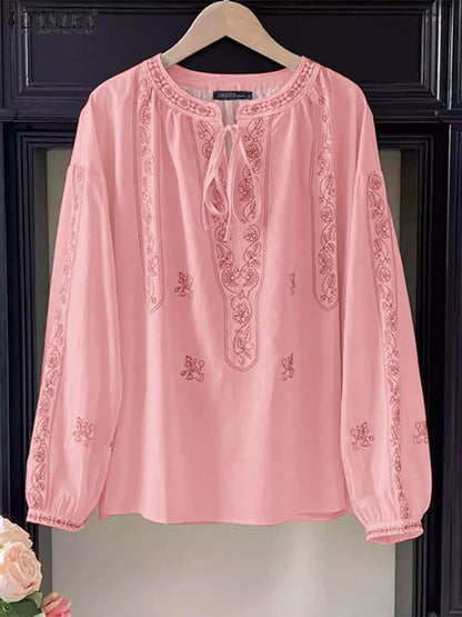 ZANZEA Ethnic Style Printing Woman Blouses Casual V-Neck Lace-Up Long Puff Sleeve Blusas Mujer 2025 Spring Summer Smock Tops
