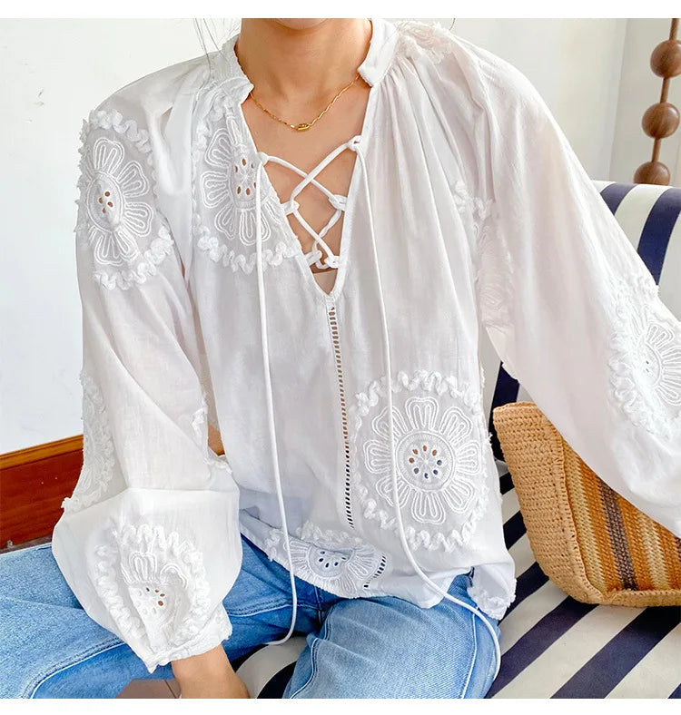 2025 Spring New Women's French White Shirt Splicing Lace Embroidery Design Ladies Shirt Long Sleeve Casual Holiday Beach Tops
