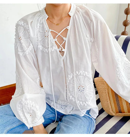 2025 Spring New Women's French White Shirt Splicing Lace Embroidery Design Ladies Shirt Long Sleeve Casual Holiday Beach Tops
