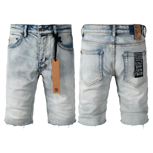 25SS New Cross Denim shorts Men Fashion Trend Elastic Vintage wash Jeans American High Street Hip Hop Hole denim short