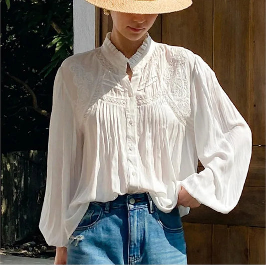 2025 Spring New Women's French White Shirt Splicing Lace Embroidery Design Ladies Shirt Long Sleeve Casual Holiday Beach Tops