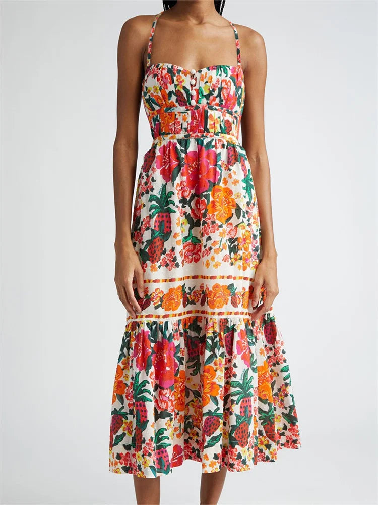 CHRONSTYLE Vintage Floral Print Long Maxi Dress for Women Sleeveless Strap Ruched Buttons Up High Waist Beach Dress Vestido 2024