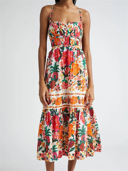 CHRONSTYLE Vintage Floral Print Long Maxi Dress for Women Sleeveless Strap Ruched Buttons Up High Waist Beach Dress Vestido 2024