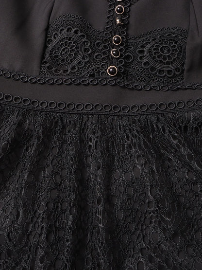 Hollow Out Patchwork Embroidery Stand Collar Lantern Sleeve High Waist Elegant Dresses For Women