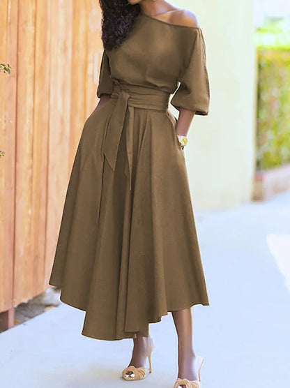 Women's S-2XL Size New Slanted Shoulder Collar Tie Waist Style Solid Color Dress Leopard print maxi dresses for women