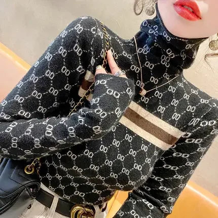 Women Slim Turtleneck Commute Warm Knitted Pullover Autumn Winter Vintage Soft Elastic Striped Letter Jacquard Sweaters