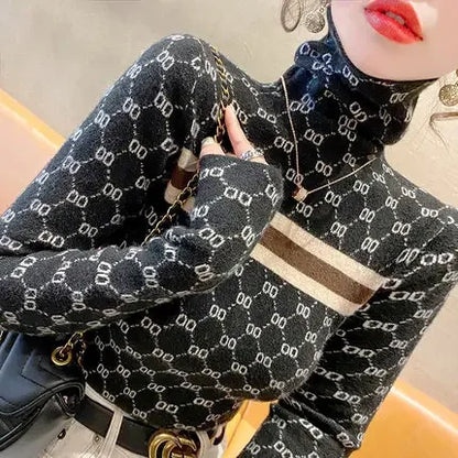 Women Slim Turtleneck Commute Warm Knitted Pullover Autumn Winter Vintage Soft Elastic Striped Letter Jacquard Sweaters
