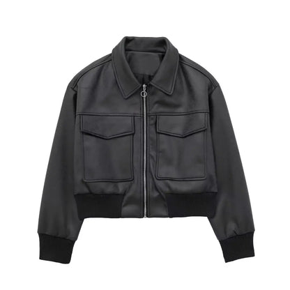 TRAFZA Winter Short Coats Woman Trendy Black Turn-Down Collar Long Sleeves Pockets Zipper Female High Street Thick Jackets