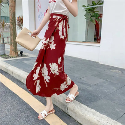 High Waist Long Skirt  Wrap Dress Asymmetrical Hem Chiffon Floral Print Belted Midi Skirt for Short Women Summer Dress