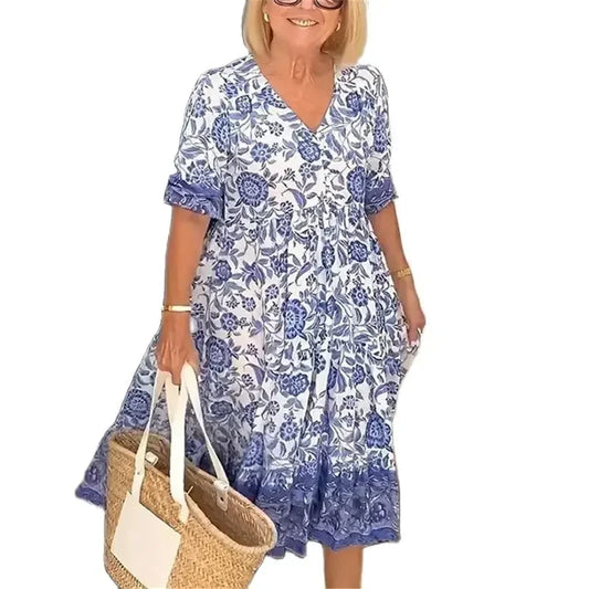 Women V Neck Pullover Button Splicing Dresses Elegant Flower Print Dress New Half Sleeve Gown Commuter Casual Loose Female Frock