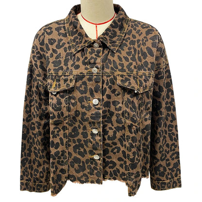 Leopard Print Tassel Hem Single-breasted Jacket  Casual Pockets Ripped Denim Outwear Jackets