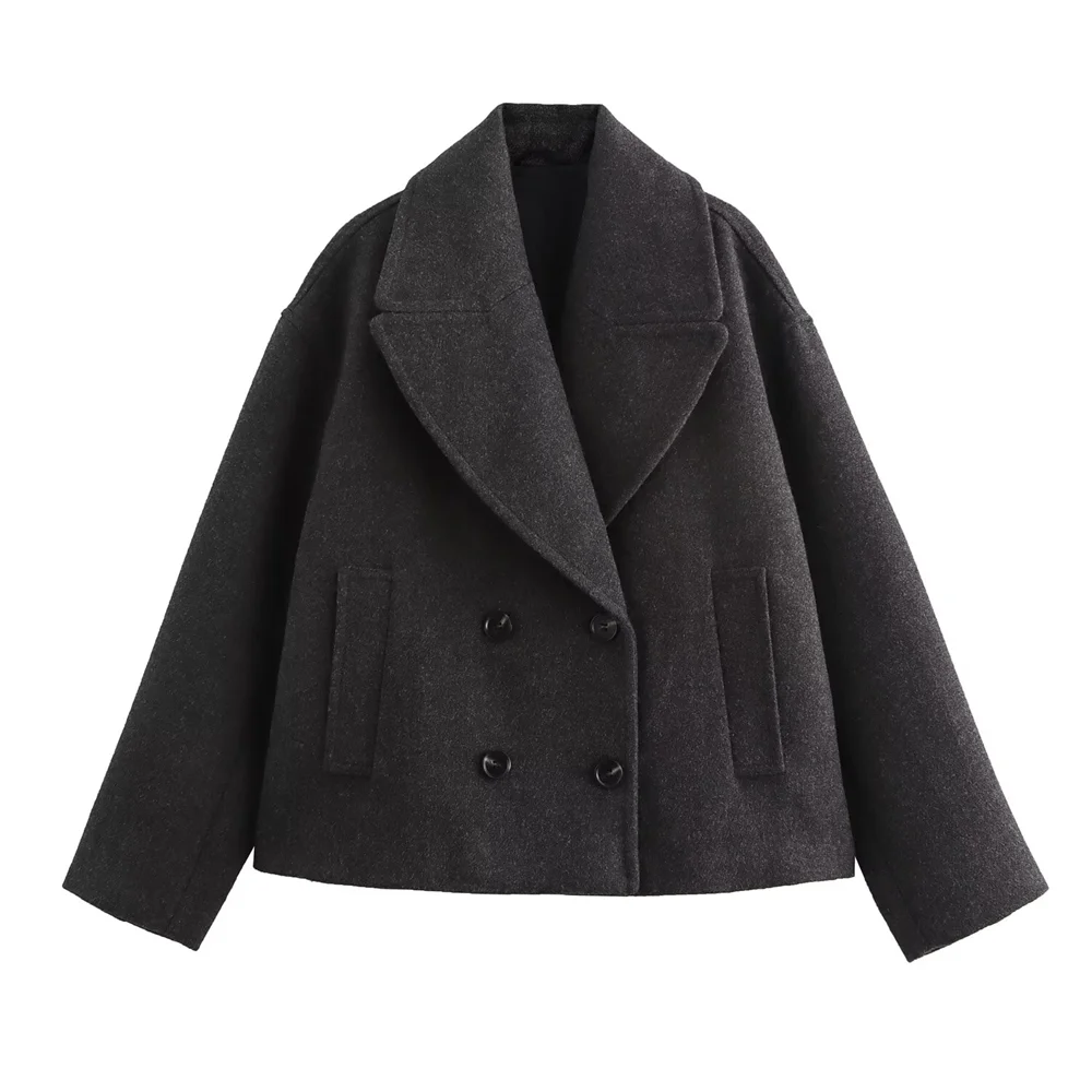 TRAF Autumn New Product Women's Casual Fashion Style Double breasted Wool Collar Long sleeved Jacket Coat