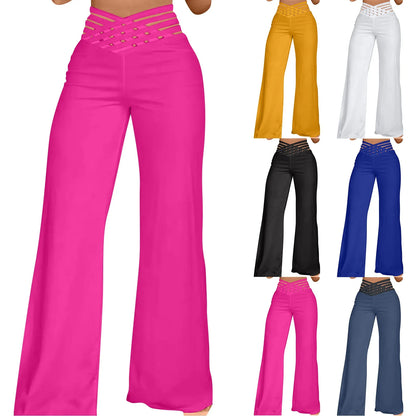 Summer Wide Leg Hollow Wide Waistband Long Pants Women High Waist Solid Color Wide Leg Flared Trousers Yoga Sport Gym Pants