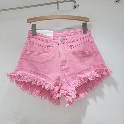 Raw Denim Shorts Women's Jeans New High-waisted Tassel Design A-line Wide-leg Hot Pants Booty Shorts