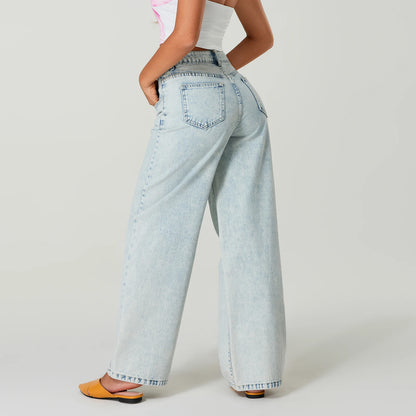 Simple Stylish Low Waist Casual Wide Leg Pants Women Spring Summer Solid Color Jeans with Pockets Streetwear