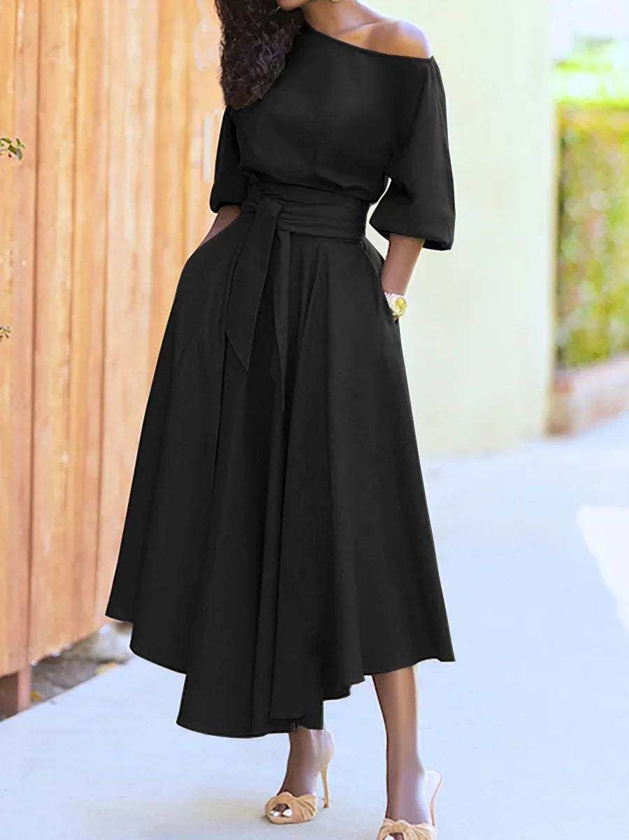 Women's S-2XL Size New Slanted Shoulder Collar Tie Waist Style Solid Color Dress Leopard print maxi dresses for women