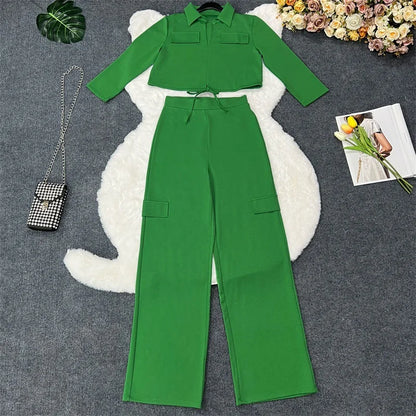 Elegant Office Women Two Piece  Short Shirt + Wide Leg Trousers Set