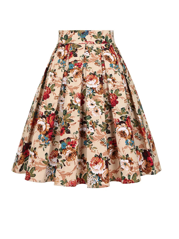 Summer French Style Women Short Vintage Pleated High Waist Floral Print Jupe Longo Elegant Ladies Office 50s Midi Tunic Skirts