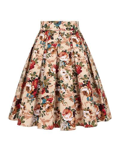 Summer French Style Women Short Vintage Pleated High Waist Floral Print Jupe Longo Elegant Ladies Office 50s Midi Tunic Skirts