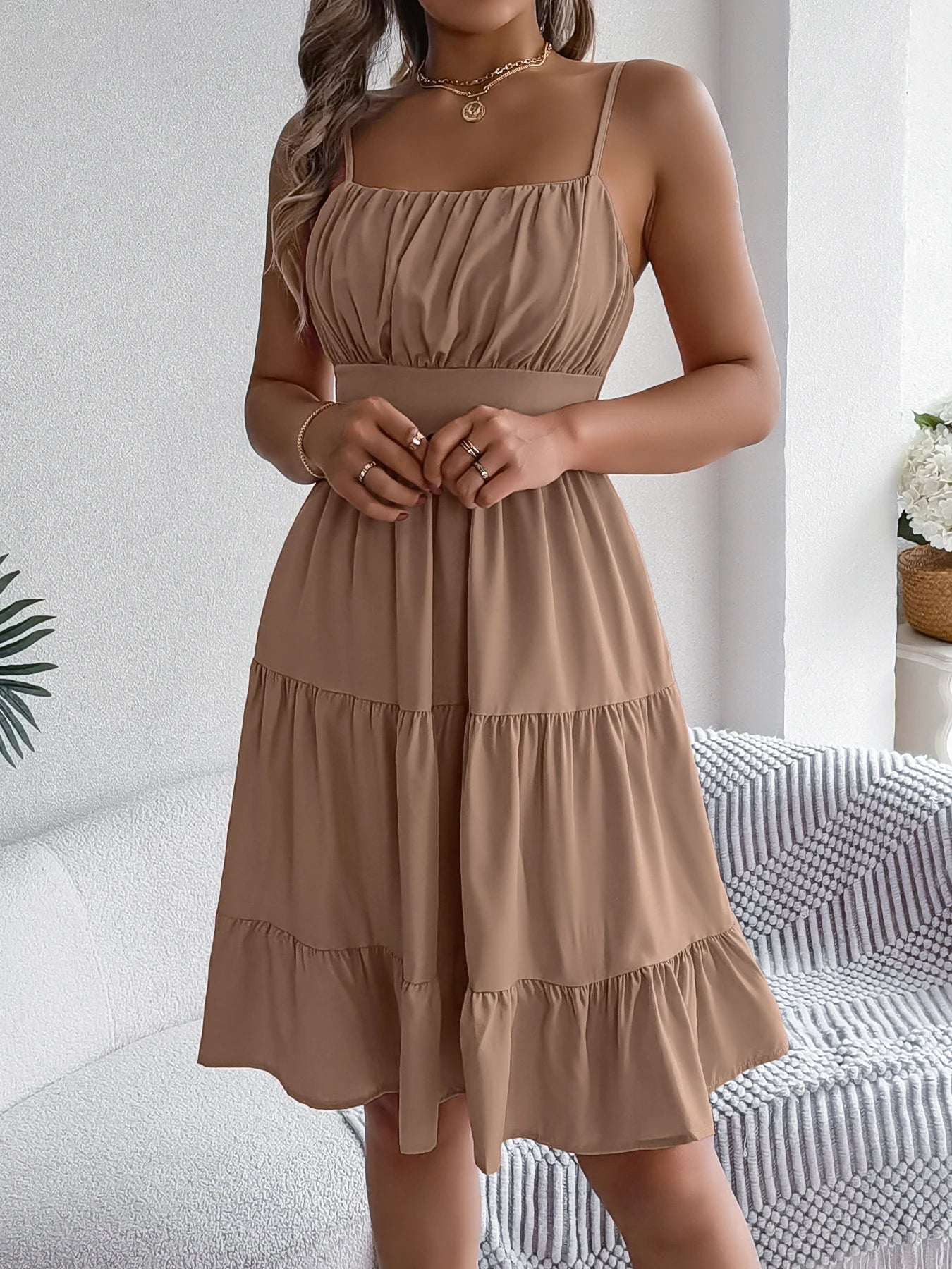 Casual Vacation Ruffled Camisole Dress Spring Summer Women's Solid Dresses for Women
