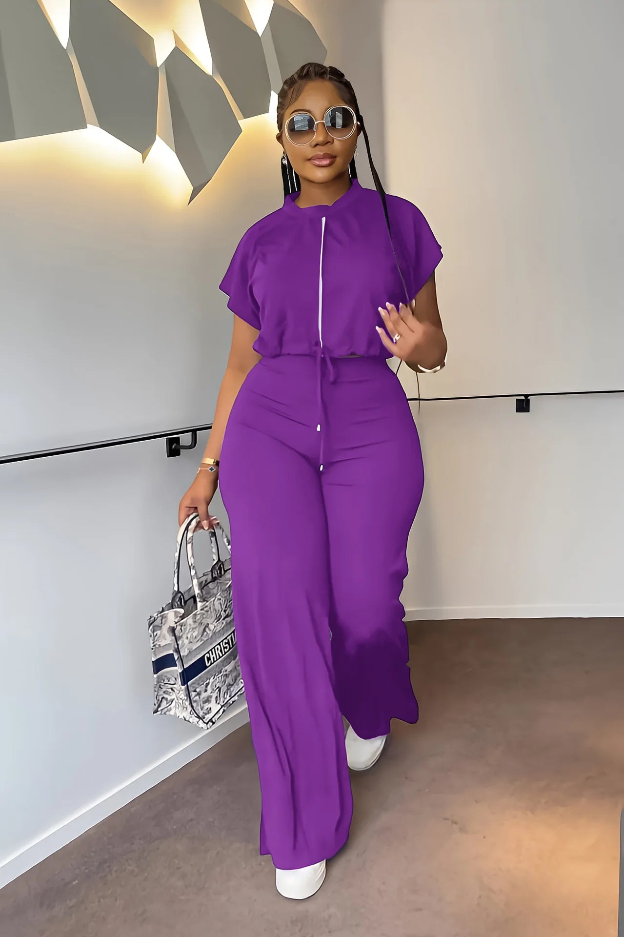 Women Short Sleeve Top & High Waist Pants Set