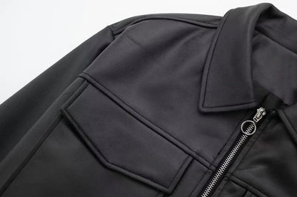 TRAFZA Winter Short Coats Woman Trendy Black Turn-Down Collar Long Sleeves Pockets Zipper Female High Street Thick Jackets