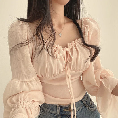 Women Chiffon Blouse Summer Shirt Square Collar Folds Lace Up Waist Tops Korean Fashion Flare Sleeve Elegant Blouses Femme