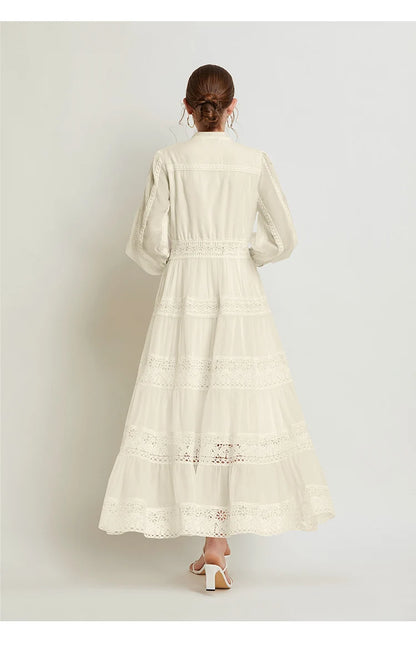 French Fashion Retro Dress Summer Clothing Lace Lace Splicing V-neck Design Lantern Sleeve Dress White Club Outfits for Women