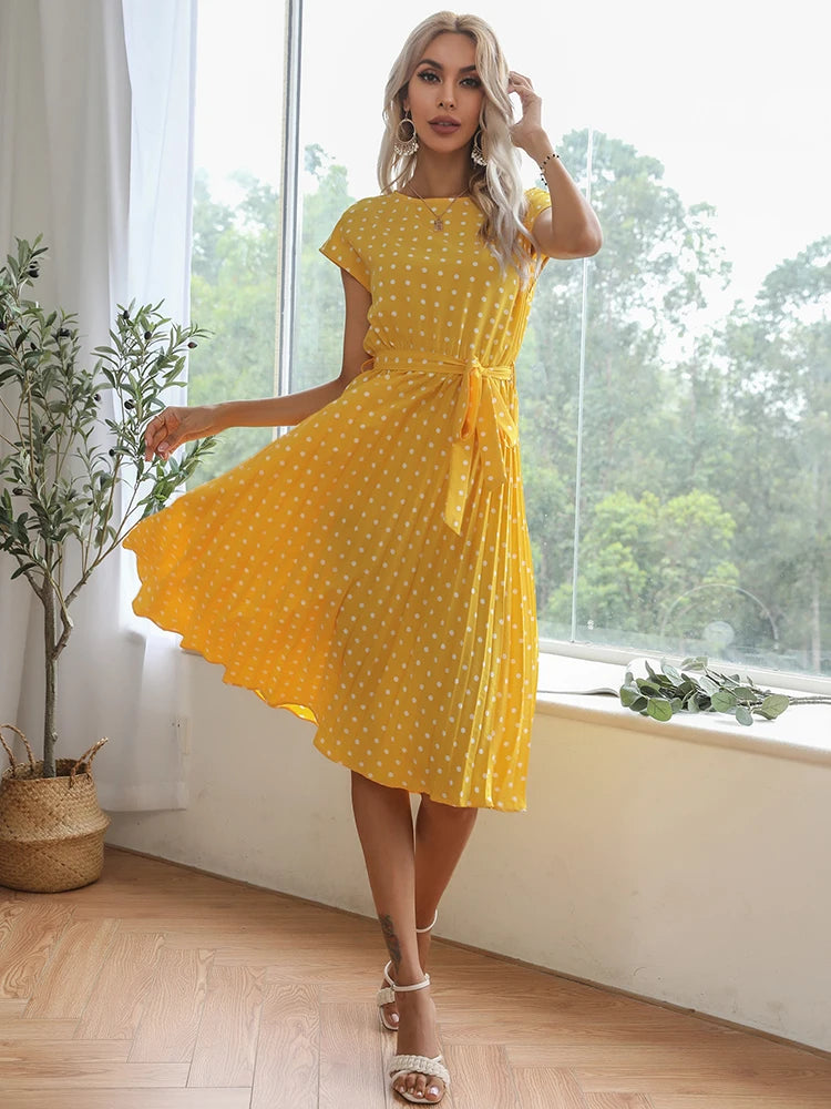 Women Short Sleeve Polka Dot Print Midi Dresses