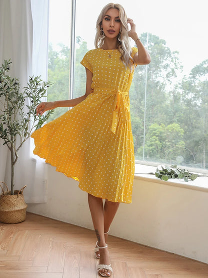 Women Short Sleeve Polka Dot Print Midi Dresses