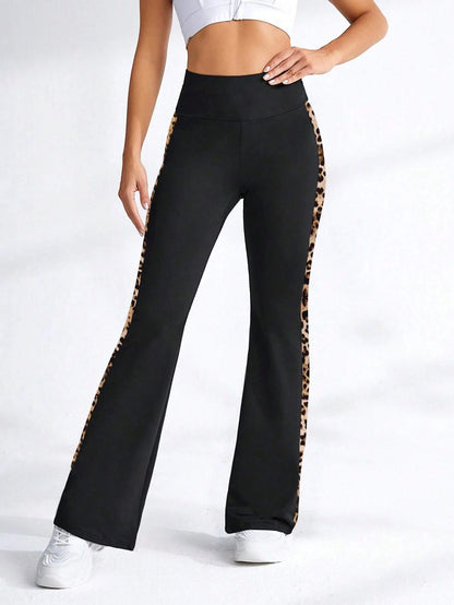 Women's Leopard Print Patchwork Elastic High Waist Sports Leggings