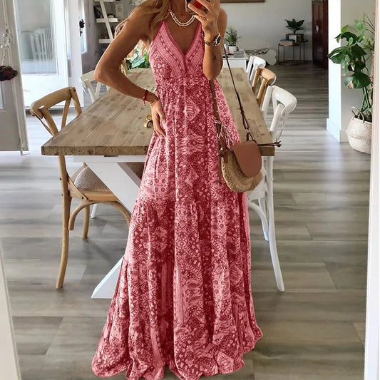 Vintage Printed Bohemian Women V-Neck Party Long Dresses Beach Elegant Sleeveless Spaghetti Strap Sexy Maxi Sundress