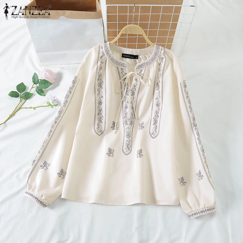 ZANZEA Ethnic Style Printing Woman Blouses Casual V-Neck Lace-Up Long Puff Sleeve Blusas Mujer 2025 Spring Summer Smock Tops