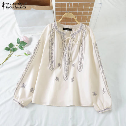 ZANZEA Ethnic Style Printing Woman Blouses Casual V-Neck Lace-Up Long Puff Sleeve Blusas Mujer 2025 Spring Summer Smock Tops